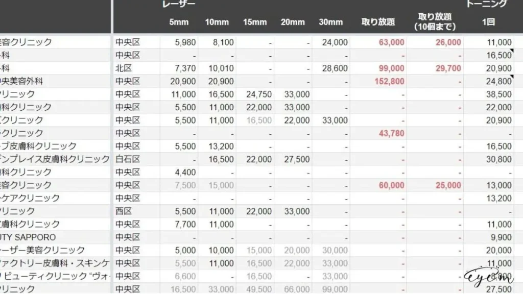 札幌のシミ取り料金調査票